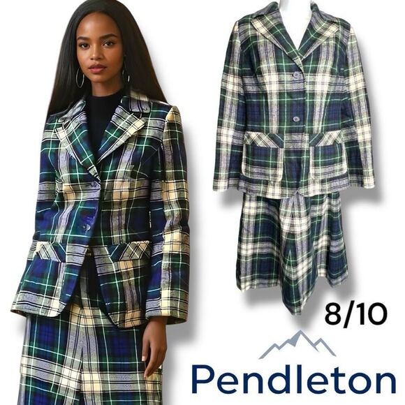 Vintage Pendleton Plaid Suit Virgin Wool Blazer sz 10 Jacket and Skirt Women's 8 - Picture 1 of 16